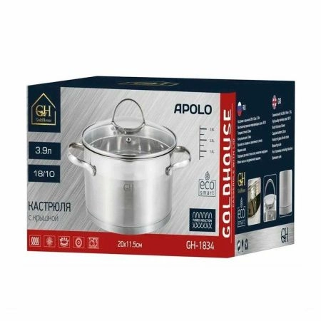 Кастрюля 3,9л нерж.сталь APOLO со стекл.крышкой 20см h12,5см GH-1834 (4)