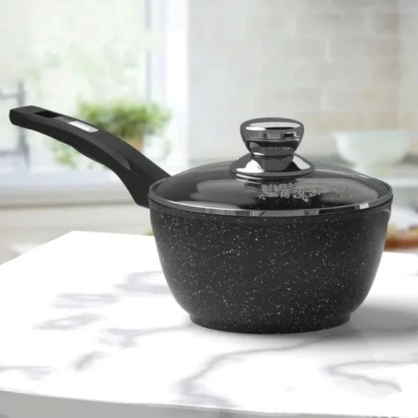 Ковш 1,2л алюминий АП ГРАНИТ BLACK с ручкой стекл.крышка 16см (8)