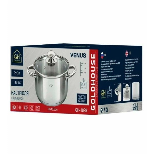 Кастрюля 2,7л нерж.сталь VENUS со стекл.крышкой 18см h10,5см GH-1828 (4)