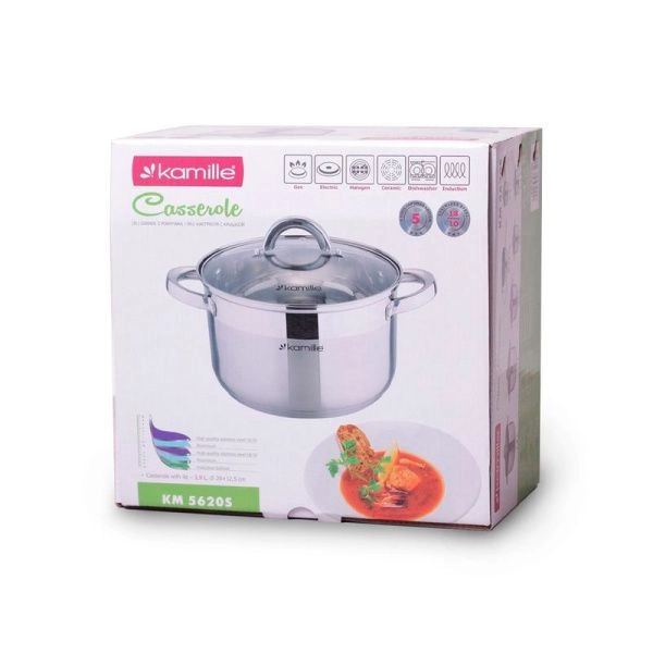 Кастрюля 3,9л нерж.сталь со стекл.крышкой 20см 5-ти сл.дно арт.5620S (8)