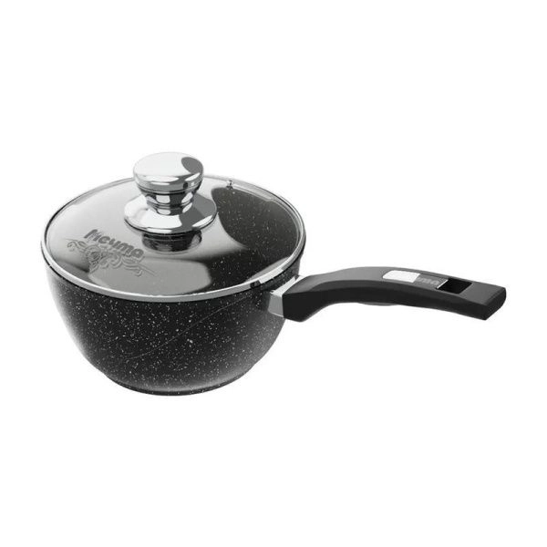 Ковш 1,2л алюминий АП ГРАНИТ BLACK с ручкой стекл.крышка 16см (8)