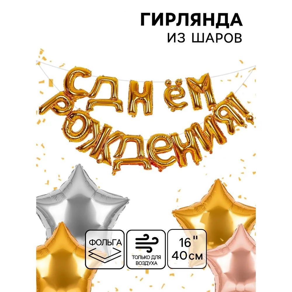 Гирлянда шары воздушные фольгированные 16" С днём рождения (10/250)