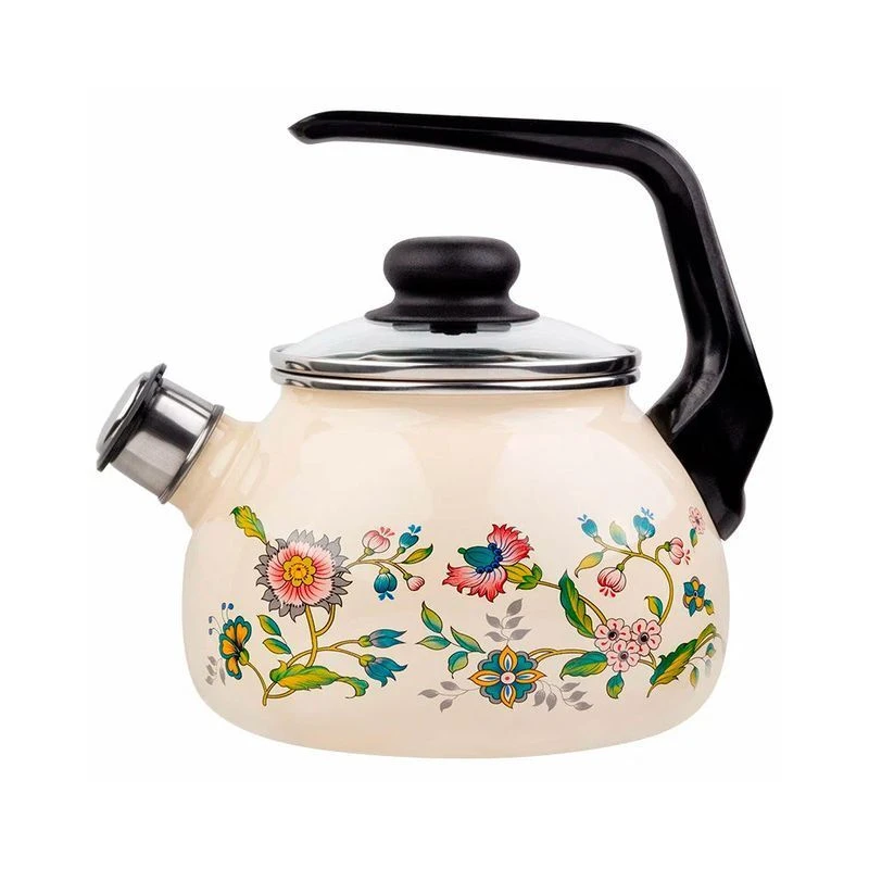 Чайник со свистком 2л эмаль ЛУГОВЫЕ ЦВЕТЫ слон.кость сферический (1) ВЫВОД