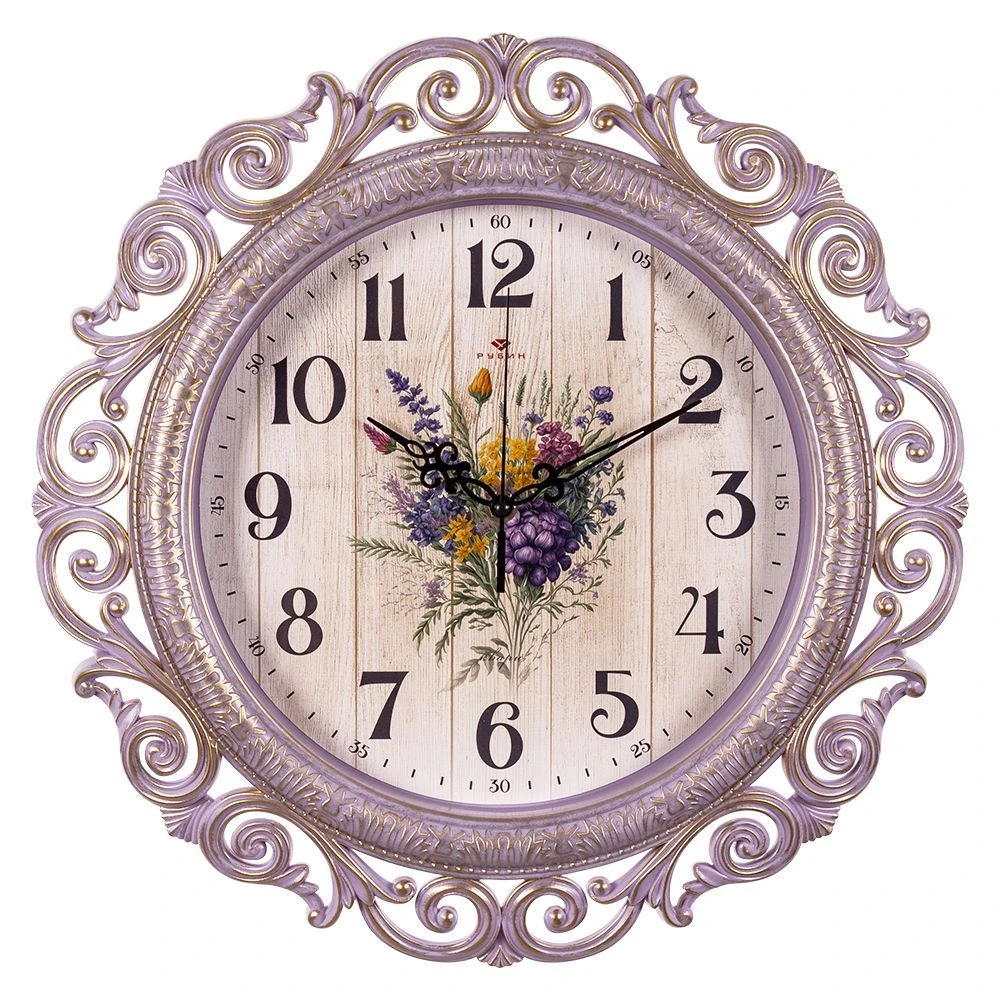 Часы настенные 40,5см пластик РУБИН Классика ажурные сиреневый с золотом (5)