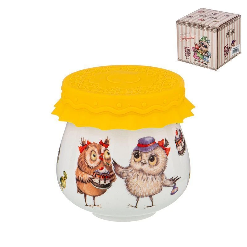Банка для меда 180мл фарфор СОВУШКИ с силиконовой крышкой 8*7см (72) ВЫВОД