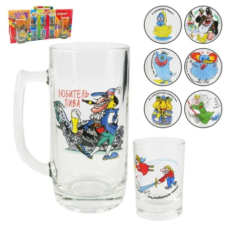 Набор подарочный 8пр (кружка пивная 2шт 330мл, стопки 6шт) стекло ПРИКОЛЫ