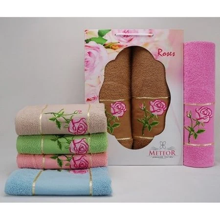 яяяНабор полотенец 2пр 50*85/70*130 махровые METEOR Roses зелёный подар.уп.