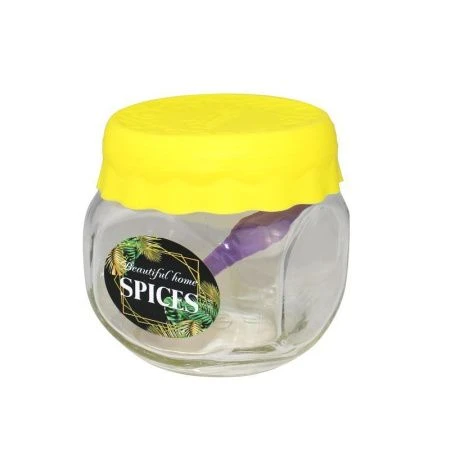 Банка для сыпучих продуктов 350мл стекло с силиконовой крышкой и ложкой желтая (8)