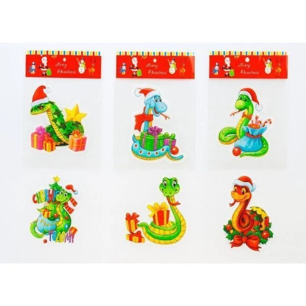 Наклейка новогодняя на окно ГОД ЗМЕИ 15*13см силикон микс JC-16571 (960)