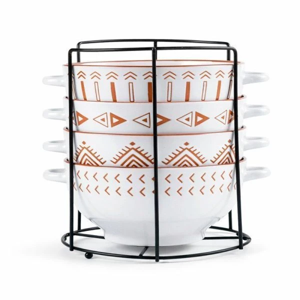 Бульонницы набор 4пр 650мл керамика Геометрия на мет.подставке (6)