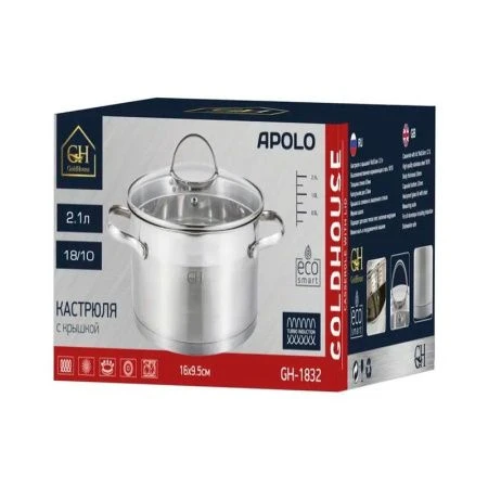 Кастрюля 2,1л нерж.сталь APOLO со стекл.крышкой 16см h9,5см GH-1832 (4)