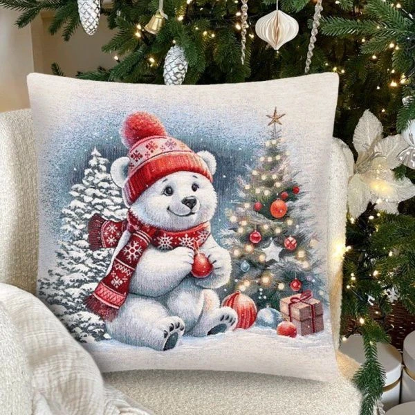 Наволочка декоративная новогодняя 44*44см гобелен БЕЛЫЙ МИШКА