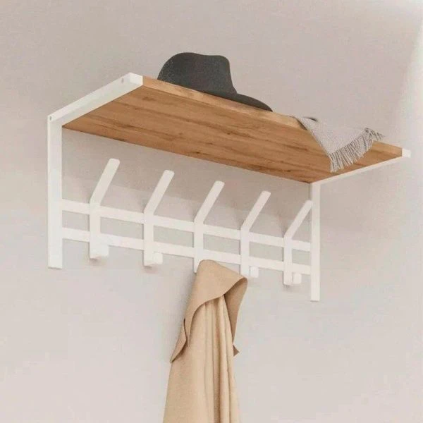 Вешалка настенная с полкой металл Торонто 21Д белая, полка ЛДСП 67*27*27см (1)