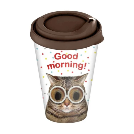 Стакан 420мл пластик с клапаном с декором Cats and owls темно-коричневый с крышкой (24) 223105924/01