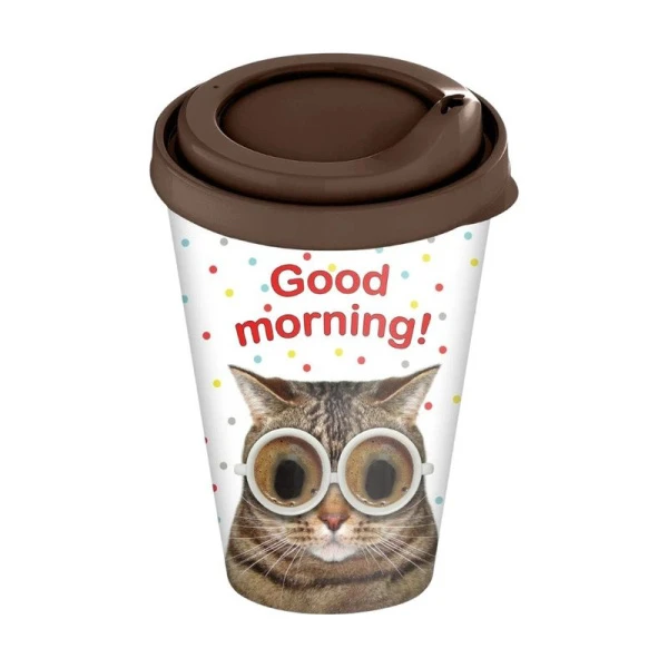 Стакан 420мл пластик с клапаном с декором Cats and owls темно-коричневый с крышкой (24) 223105924/01