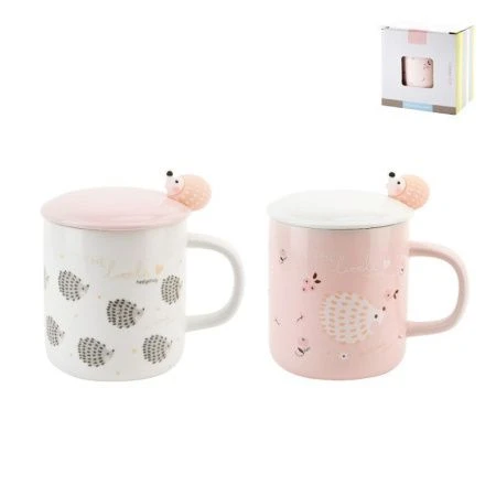 Кружка 450мл керамика ЕЖИКИ с крышкой и ложкой 2 вида подар.уп. (60)