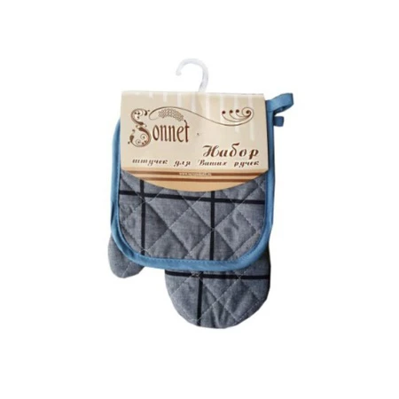 Кухонный набор 2пр (прихватка, рукавица) лён КВАДРАТ СИНИЙ LeSonnet арт. 1 ВЫВОД