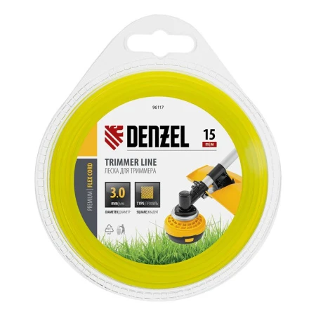 Леска для триммера нейлон 15м, d 3мм квадрат с жилой, двухкомпонентная DENZEL (1)