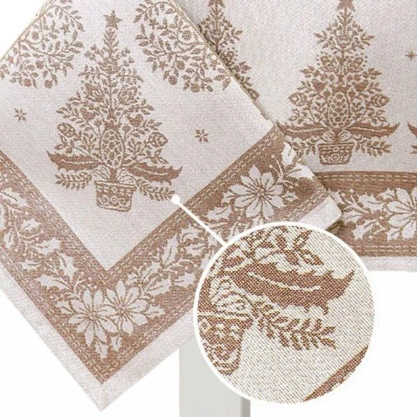 Скатерть новогодняя 140*180см гобелен НИДЕРЛАНДЫ бежевый орнамент серебряный люрекс