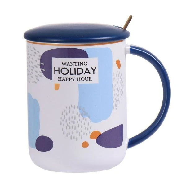Кружка 450мл фарфор Happy hour с крышкой и ложкой подар.уп. (60)