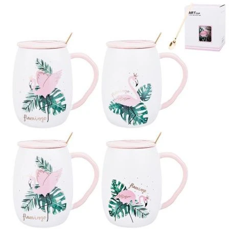 Кружка 460мл керамика FLAMINGO с крышкой и ложкой (60)
