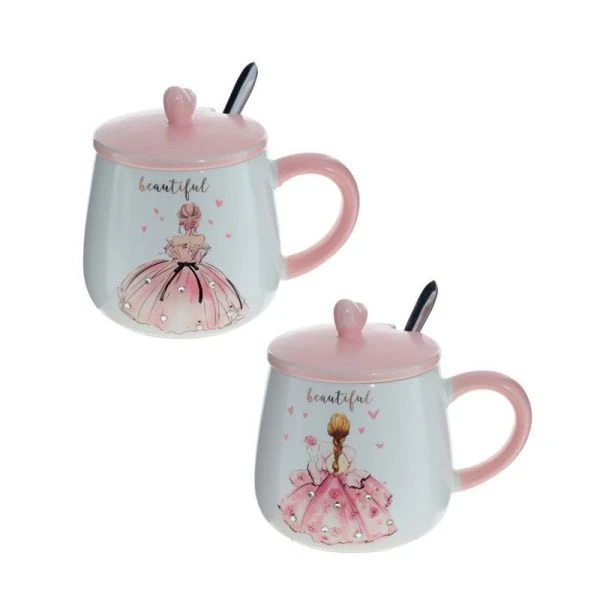 Кружка 500мл фарфор с крышкой и ложкой 14*10*9см 2 вида (60)