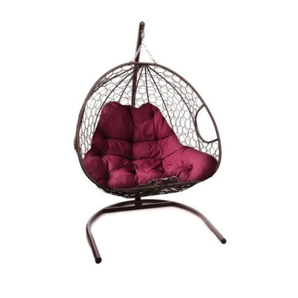 Кресло подвесное Для двоих с ротангом 120*125*190см коричневое бордовая подушка (max нагр. 160кг)