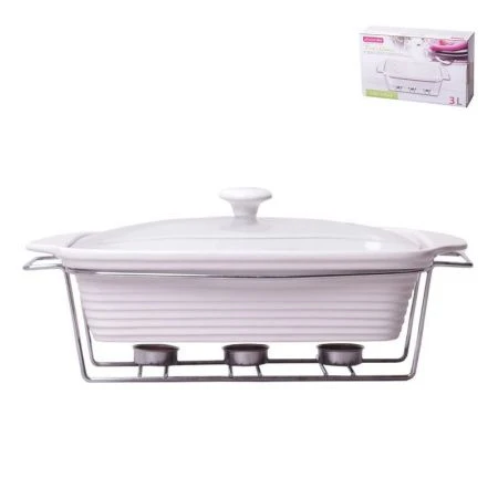 Мармит 3л керамика прямоугольный (3 свечи, стекл.крышка, мет.подставка) 39*12*23см арт. 6404