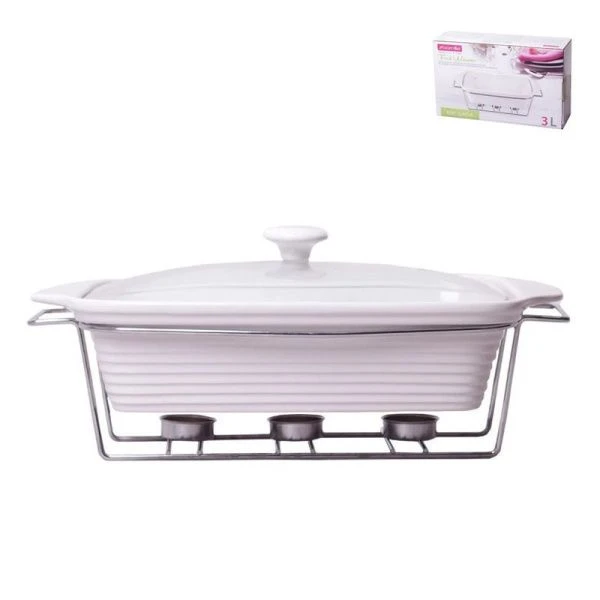 Мармит 3л керамика прямоугольный (3 свечи, стекл.крышка, мет.подставка) 39*12*23см арт. 6404