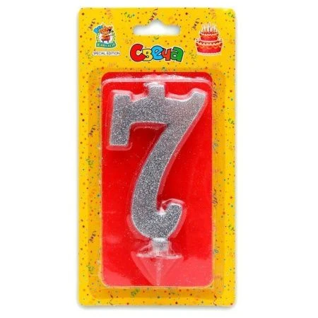 Свеча для торта Серебряный глиттер (большая) Цифра 7
