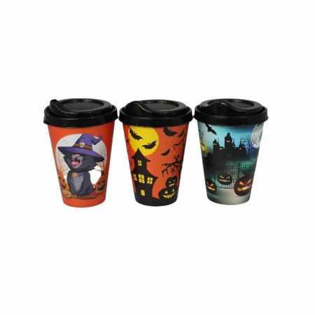 Стакан 420мл пластик с крышкой с декором черный (24) 221193930/01