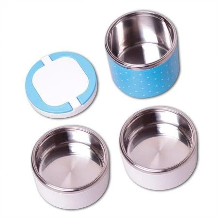 Ланч-бокс 3-х секционный 1480мл 11*23,5см нерж.сталь/пластик (голубой, салатовый, розовый), арт. 210