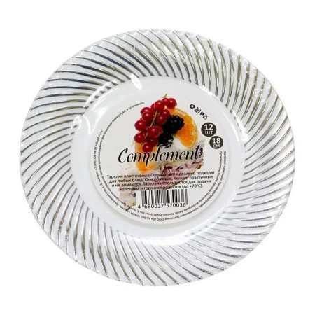 Тарелка 180мм набор 12шт пластик Complement белая с серебряной волной  (20)