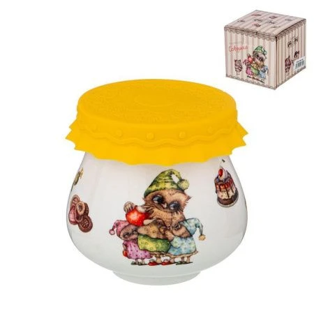 Банка для меда 300мл фарфор СОВУШКИ с силиконовой крышкой 8*9см (36)