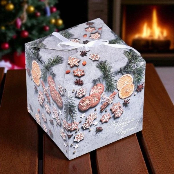 Коробка новогодняя подарочная складная картон Печенье 14*14*14см Коробка новогодняя подарочная складная картон Печенье 14*14*14см