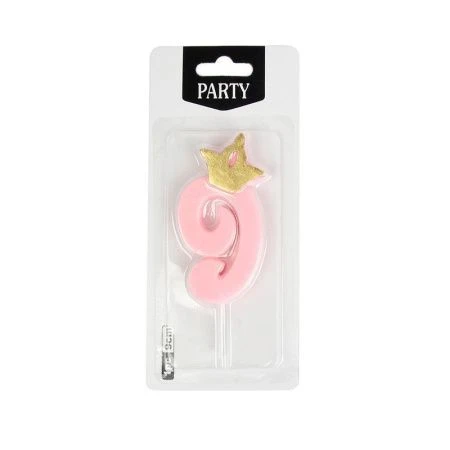 Свеча в торт парафин Цифра 9 корона розовая KL-5 (12/720)