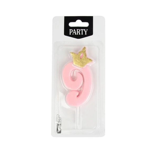 Свеча в торт парафин Цифра 9 корона розовая KL-5 (12/720)