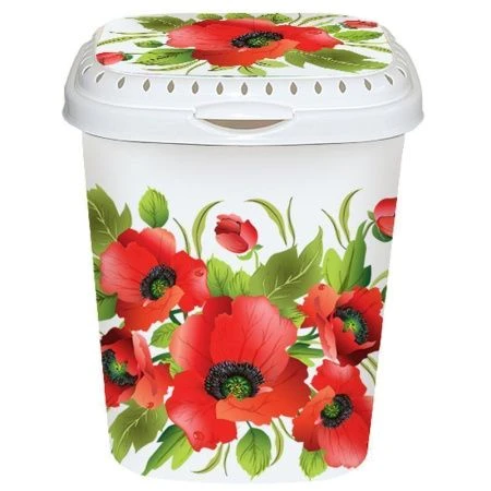 Корзина для белья 55л пластик КРАСНЫЕ МАКИ с крышкой 35*56*44см (8)