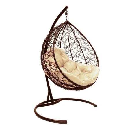 Кресло подвесное Капля с ротангом 108*108*186см металл корич., бежевая подушка (max нагр. 120кг)