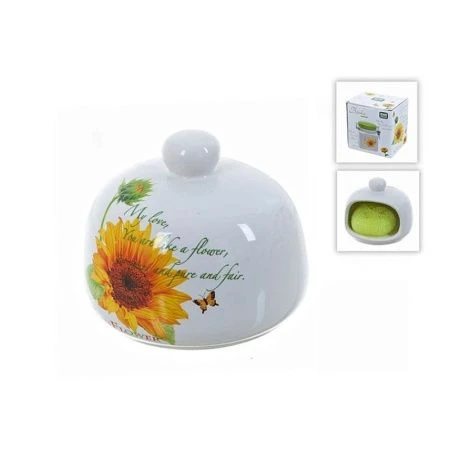 Подставка для губки керамика (с губкой) 12*12*9,5см керамика ПОДСОЛНУХ подар.уп. (48) ВЫВОД