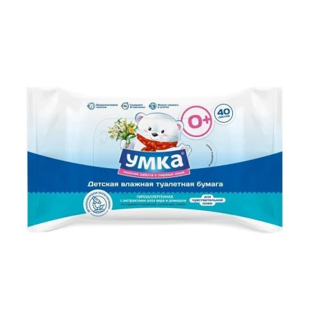 Влажная туалетная бумага 40шт УМКА с экстрактами алоэ вера и ромашки (18)