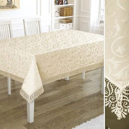 Скатерть 160*360см полиэстер прямоугольная с гипюром Karna KDK (Кремовый)