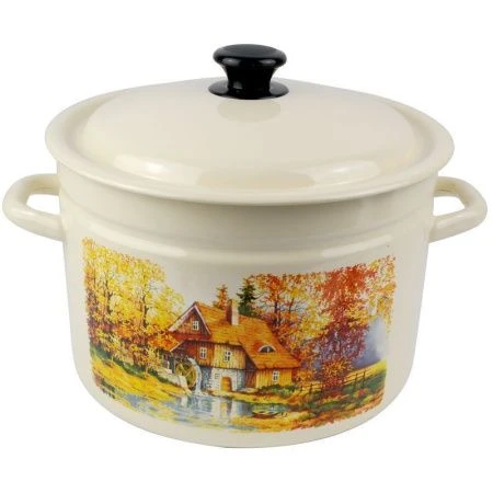 Кастрюля 8л эмаль СТАРАЯ МЕЛЬНИЦА слон.кость с рис. цилиндрическая борт 41804-202/6-У (2)