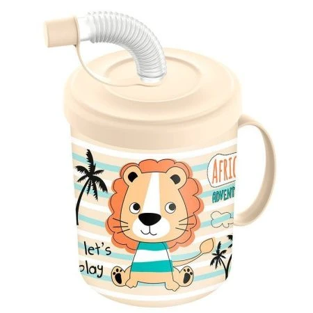 Кружка детская 300мл пластик с декором ЛЬВЕНОК с крышкой и трубочкой светло-бежевый (18) 221502025/0