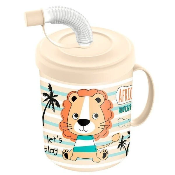 Кружка детская 300мл пластик с декором ЛЬВЕНОК с крышкой и трубочкой светло-бежевый (18) 221502025/0