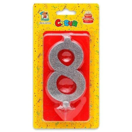 Свеча для торта Серебряный глиттер (большая) Цифра 8