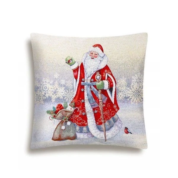 Наволочка декоративная новогодняя 45*45см гобелен МОРОЗКО дарит подарки бежевый серебряный люрекс