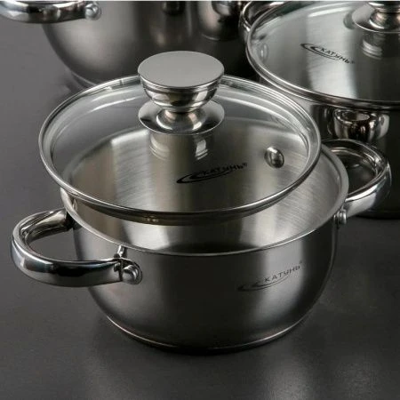 Набор кастрюль 2пр 2,2/,3,2л нерж.сталь ГРЕТТА стекл.крышка толщина стенок 0,4мм индукция КТ04-D (2)