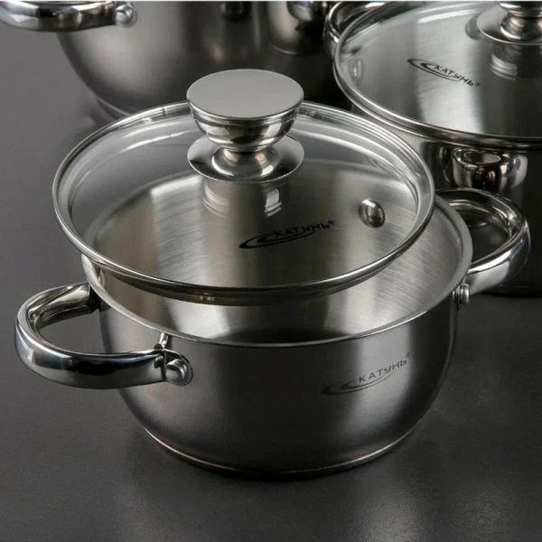 Набор кастрюль 2пр 2,2/,3,2л нерж.сталь ГРЕТТА стекл.крышка толщина стенок 0,4мм индукция КТ04-D (2)
