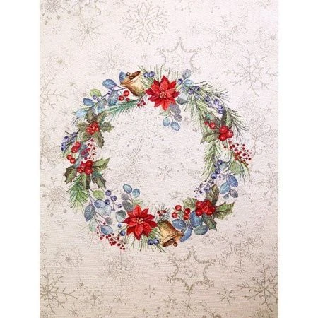 Скатерть новогодняя 160*300см гобелен ЕЛОЧНЫЕ УКРАШЕНИЯ зеленый бордюр золотой люрекс